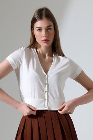 Kadın V Yaka Düğmeli Kısa Kol Ekru Crop Bluz