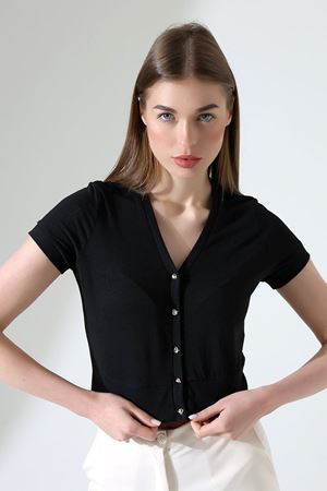 Kadın V Yaka Düğmeli Kısa Kol Siyah Crop Bluz