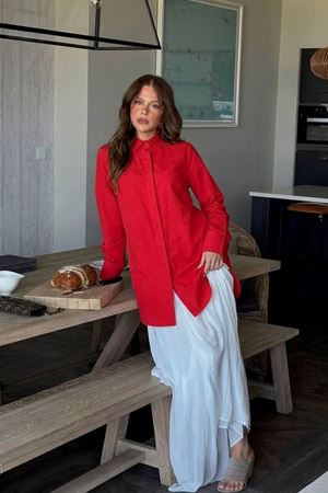 Kadın Uzun Rahat Kırmızı Basic Gömlek Elbise