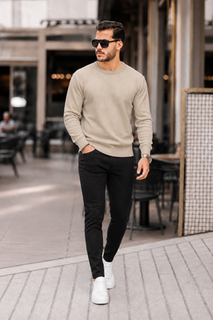 Erkek Premium Bisiklet Yaka Krem Basic Triko Kazak