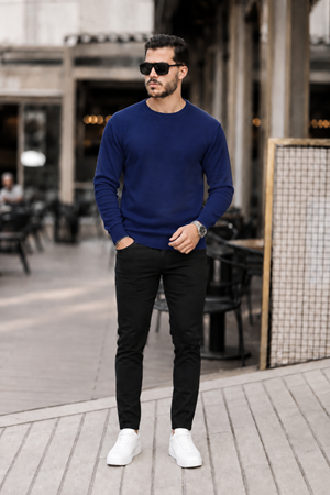 Erkek Premium Bisiklet Yaka Lacivert Basic Triko Kazak