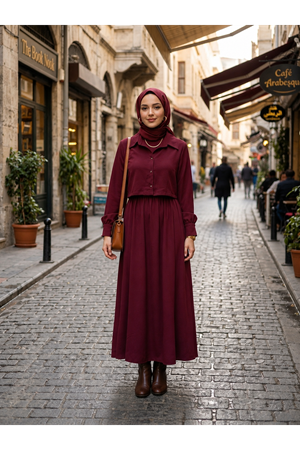 Kadın Şık Gömlek Yakalı Uzun Etekli Bordo Tesettür İkili Takım