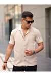 Erkek Yazlık Likralı Slim Fit Gömlek Yaka Waffe Kumaş Kısa Kollu Gömlek BEJ