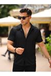 Erkek Yazlık Likralı Slim Fit Gömlek Yaka Kısa Kollu Gömlek SİYAH