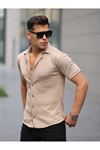 Erkek Yazlık Likralı Slim Fit Gömlek Yaka Kısa Kollu Gömlek VİZON