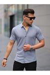 Erkek Yazlık Likralı Slim Fit Gömlek Yaka Kısa Kollu Gömlek İNDİGO