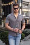 Erkek Yazlık Likralı Slim Fit Gömlek Yaka Kısa Kollu Gömlek FÜME