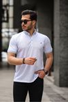 Erkek Kıvrılmaz Polo Yaka Cepsiz Slim Fit Desenli T-Shirt BUZ MAVİ