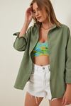 Kadın Oversize Uzun Basic Gömlek HAKİ