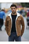 Erkek Trend Kışlık Içi Kürklü Kot Ceket Camel