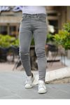 Erkek Jeans Slim Fit Likralı Denim Gri Kot Pantolon