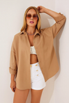 Kadın Oversize Uzun Basic Camel Gömlek