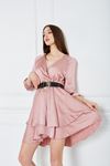 Kadın Kruvaze Yaka Volanlı Beli ve Kolu Lastikli Saten Kısa Elbise