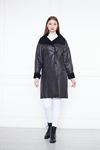 Kadın Trend Içi Kürklü Deri Uzun Siyah Ceket Kaban