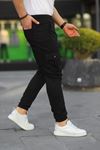 Erkek Beli Paçası Lastikli Esnek Kargo Cep Siyah Jogger Pantolon