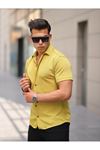 Erkek Yazlık Likralı Slim Fit Gömlek Yaka Kısa Kollu Gömlek