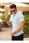 Erkek Yazlık Likralı Slim Fit Gömlek Yaka Kısa Kollu Gömlek