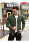 Erkek Trend Kruvaze Yaka Şık Haki Keten Gömlek