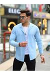 Erkek Trend Kruvaze Yaka Şık Mavi Keten Gömlek
