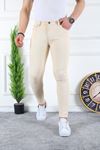 Erkek Jeans Slim Fit Likralı Denim Krem Kot Pantolon