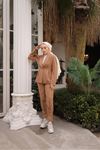 Kadın Paça Düğmeli Pantolon Ceket Camel Ikili Takım