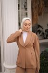 Kadın Paça Düğmeli Pantolon Ceket Camel Ikili Takım