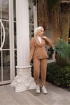 Kadın Paça Düğmeli Pantolon Ceket Camel Ikili Takım