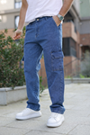 Erkek Bol Paça Kargo Cep Basic Mavi Baggy Pantolon