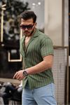 Erkek Trend Yazlık Kısa Kollu Çizgili Yeşil Gömlek