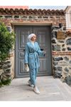 Kadın Tesettür Kimono Bol Pantolon Mavi Ikili Takım