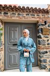 Kadın Tesettür Kimono Bol Pantolon Mavi Ikili Takım