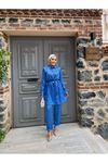 Kadın Bağlamalı Uzun Ceket Bol Pantolon Mavi Ikili Takım