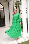 Kadın Şık Kendinden Dokulu Kuşaklı Yeşil Uzun Elbise