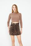 Kadın Leopar Desenli Mini Kot Etek