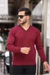 Erkek Trend V Yaka Günlük Kırmızı Triko Kazak