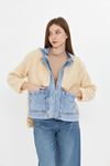 Kadın Kapüşonlu Denim Detaylı Peluş Ceket