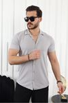 Erkek Kendinden Desenli Kısa Kol Gri Keten Gömlek