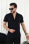 Erkek Kendinden Desenli Kısa Kol Siyah Keten Gömlek