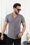 Erkek Kendinden Desenli Kısa Kol Füme Keten Gömlek