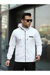 Erkek Fermuarlı Kapşonlu Beyaz Rüzgarlık & Yağmurluk