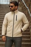 Erkek Fermuarlı Trend Kışlık Cepli Krem Polar Hırka