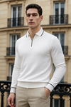 Erkek Trend Fermuarlı Beyaz Uzun Kollu Polo Yaka Tişört