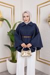 Kadın Kışlık Trend Kemerli Lacivert Kaşe Kısa Kaban