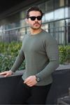 Erkek Trend Basic Slim Fit Bisiklet Yaka Haki Kazak