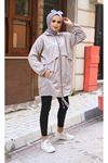 Kadın Kapşonlu Trend Cepli Oversize Uzun Gri Yağmurluk