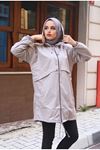 Kadın Kapşonlu Trend Cepli Oversize Uzun Gri Yağmurluk