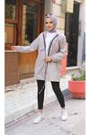 Kadın Kapşonlu Trend Cepli Oversize Uzun Gri Yağmurluk