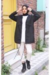 Kadın Kapşonlu Trend Cepli Oversize Uzun Siyah Yağmurluk