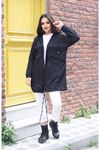 Kadın Kapşonlu Trend Cepli Oversize Uzun Siyah Yağmurluk