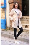 Kadın Kapşonlu Trend Cepli Oversize Uzun Krem Yağmurluk